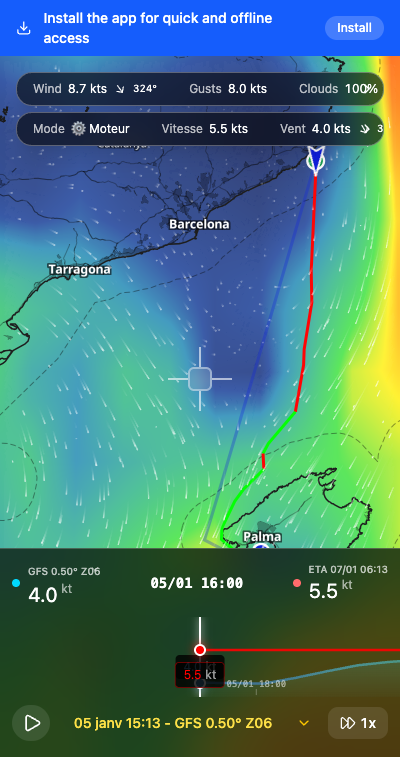 Weather routing result with isochrones